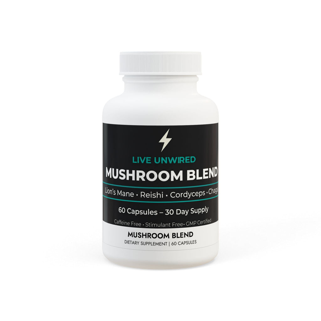 Live Unwired Mushroom Blend Supplement – Lion's Mane Reishi Cordyceps Chaga 60 Capsules